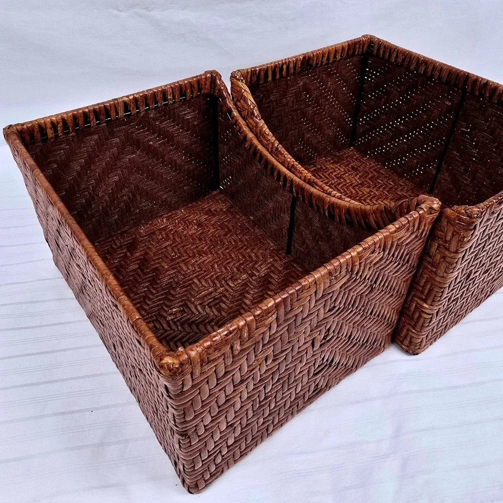 Set of 2 Woven Wicker Storage Baskets Brown Chevron Sloped‎ Farmhouse Organizer